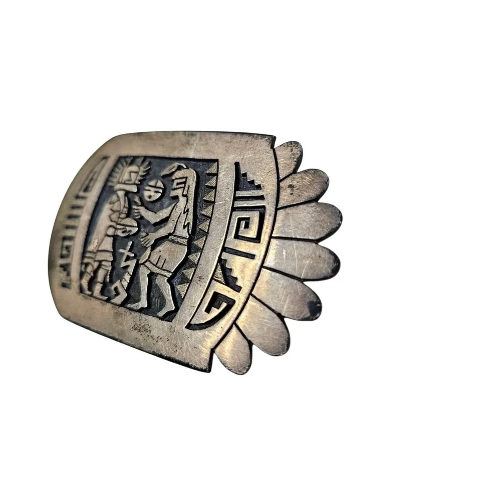 Vintage 70s Hopi‎ Sterling Silver Belt Buckle Native American Verden Mansfield